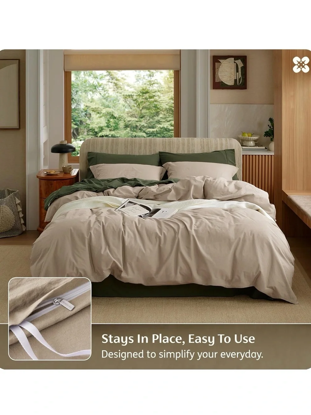 Washed 100% Cotton Queen Duvet Cover Set in Frosted Almond